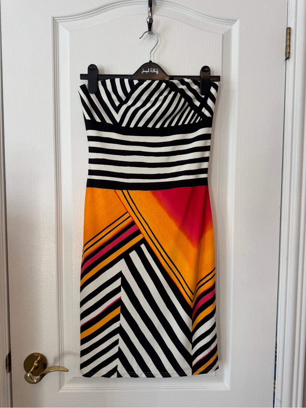 Joseph Ribkoff Strapless Black White Orange Pink Geometric Sheath Dress
